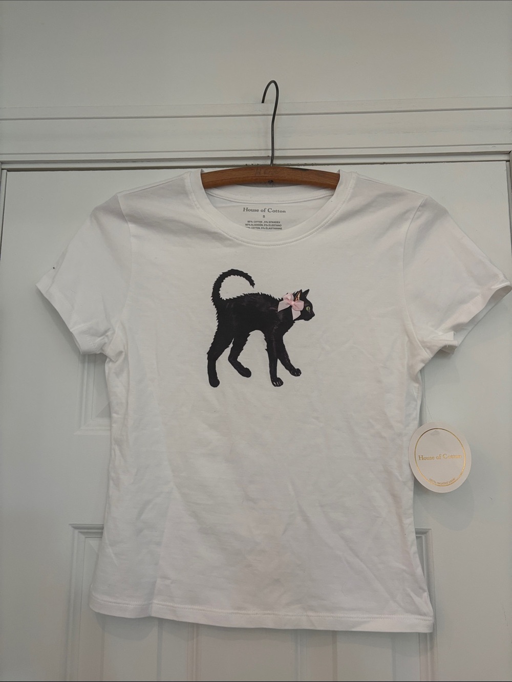 NWT House of Cotton Black Cat Graphic Baby Tee with Pink Bow White Juniors Sz S